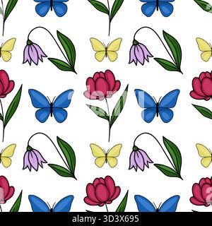 Nahtloses Vektormuster von bunten Schmetterlingen und blühenden Blumen, mit rosa Pfingstrosen, blauen Schmetterlingen, gelben Schmetterlingen und zartem Purpur Stock Vektor