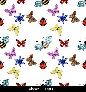 Bezauberndes nahtloses Vektor-Muster mit bunten Schmetterlingen, Marienkäfern, Bienen und blauen Blumen auf weißem Hintergrund, perfekt für skurrile Designs Stock Vektor
