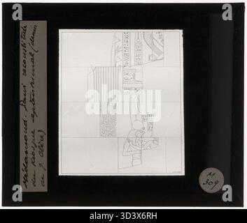 Eine Linienzeichnung eines Reliefs mit Hieroglyphen und dem Gott Montu aus dem südlichen Kiosk des Tempels von Montu, Medamud. Das Bild ist ein Glasdiapositiv aus der Zeit um 1839-1939. Stockfoto