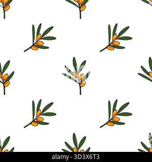 Nahtloses Vektormuster von Sanddornzweigen mit leuchtenden orangen Beeren und grünen Blättern auf einem sauberen weißen Hintergrund. Stock Vektor
