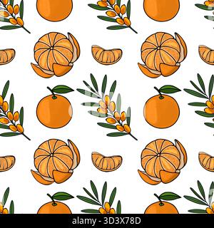 Nahtloses Vektormuster mit leuchtenden Orangen und Sanddornzweigen mit grünen Blättern auf einem sauberen weißen Hintergrund. Stock Vektor