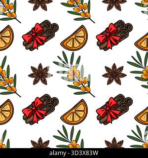 Nahtloses Vektormuster mit stilisierten Zimtstäbchen mit roten Bögen, orangen Scheiben, Sanddornzweigen und Sternanis. Stock Vektor