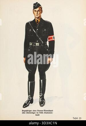 Dieses Bild aus dem Organisationsbuch der NSDAP von 1936 zeigt ein Mitglied der NS-Studentenschaft, bekannt als NSDStB. Das Mitglied ist in Uniform dargestellt und spiegelt die hierarchische Struktur der NSDAP und ihre Fokussierung auf ideologische Indoktrination im Bildungsbereich wider. Stockfoto