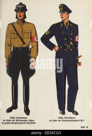Diese 1943 aus dem offiziellen Handbuch der NSDAP stammende Illustration zeigt die NSKK-Uniform und zeigt verschiedene Ränge innerhalb des nationalsozialistischen Motorkorps (NSKK) wie Sturmmann und Sturmführer mit unterschiedlichen Uniformen und Helmen. Stockfoto