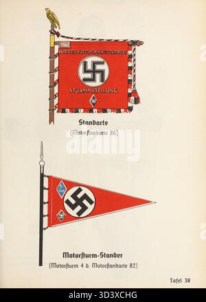 Dieses Bild zeigt eine Flagge des Nationalsozialistischen Motorkorps (NSKK) aus dem Organisationsbuch der NSDAP von 1936. Die NSKK war ein paramilitärischer Zweig der NSDAP, der von 1931 bis zu ihrer Auflösung 1945 aktiv war. Dazu gehörten Personen, die sich leidenschaftlich für Motoren interessieren und in verwandten Berufen beschäftigt waren. Die NSKK trug markante schwarz-braune Uniformen, und ihre Hauptrolle bestand darin, politische und militärische Aktivitäten während der NS-Herrschaft zu unterstützen. Stockfoto