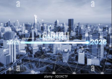 Visualisierung der Verschiebung von 2025 auf 2026. Fortschrittsbalken symbolisiert Fortschritt, strategische Vorausschau, jährliche Zielsetzung und Unternehmenstransformation Stockfoto