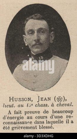 Ein gescanntes Bild aus dem „Supplément à L'Illustration“ vom 13. November 1915 mit Jean Husson, einem Leutnant des 15. Chasseurs à Cheval. Das Bild wurde für die Publikation zugeschnitten. Stockfoto