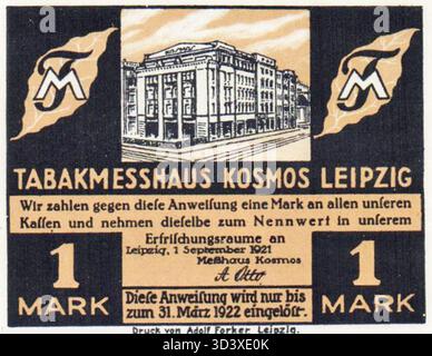 Es handelt sich um eine Ausgabe von Notgeld aus dem Jahr 1921 aus dem Tabakmesshaus Kosmos in Leipzig. Die Währung wurde in einer Periode wirtschaftlicher Instabilität in der Zeit nach dem Ersten Weltkrieg ausgegeben. Stockfoto