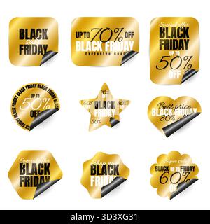 Vektor-Set mit neun Black Friday Promo-Aufklebern in Metallic-Gold. Umfasst Quadrat, abgerundetes Rechteck, hohes abgerundetes Rechteck, Kreis mit Schale, Stern, h Stock Vektor