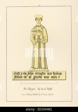 John de Islington, Vikar von Islington, 1429. In der Angewohnheit eines Doktors der Göttlichkeit, mit Kelch und Wirt. Memorial Messing in St. Margaret's Church, Cley-next-the-Sea, Norfolk. Handgetönter Kupferstich gezeichnet, geätzt und veröffentlicht von John Sell Cotman in Gravuren der bemerkenswertesten Grabbläser in Norfolk, Henry Bohn, London, 1818. Stockfoto