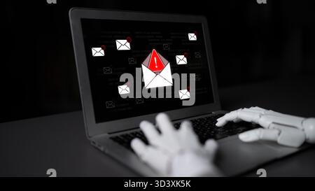 Ein KI-Assistent erkennt eine kritische Cybersicherheitsbedrohung und identifiziert eine Phishing-E-Mail im Posteingang. Dieses intelligente System gibt eine Warnung aus, um einen zu verhindern Stockfoto