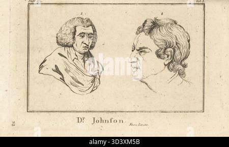 Zwei Proile-Köpfe von Dr. Johnson, englischer Schriftsteller und Lexikograf Samuel Johnson, 1709-1784. Das Gesicht eines tiefgründigen Denkers (links) und das Gesicht eines Mannes mit exquisitem Sinn (rechts). Kupferstich von John Barlow aus Pfarrer Johann Kaspar Lavater und John Grenvilles The Whole Works of Lavater on Physiognomy, W. Butters, W. Simmonds, London, 1797. Stockfoto