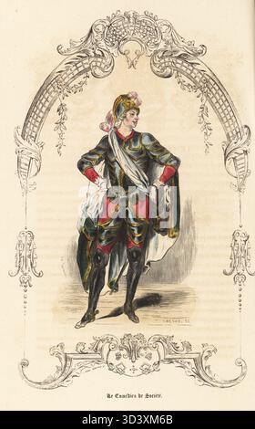 The Society Actor, Frankreich, 18. Jahrhundert. Edler Thespian in Kostüm aus Helm, Mantel und Rüstung für eine Amateurproduktion am Hof. Le Comedien de Societe. Handkolorierter Stahlstich von Pierre-Nicolas-Frederic Grenan nach einer Illustration von Theophile Fragonard, in einer dekorativen Kartusche von Anne Modave, aus Augustin Challamels Autrefois ou Le Bon Vieux Temps, Types de 18e Siecle, Challamel et Cie, 1842. Stockfoto