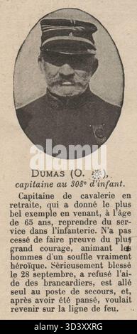 Dieses Bild ist ein gescanntes Foto aus dem 'Supplément à L'Illustration' vom 13. November 1915, das Captain Dumas von der 308. Infanterie zeigt. Das Bild wurde für die Veröffentlichung zugeschnitten. Stockfoto