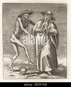 Leiche des Todes beim Kardinal. Ein Skelett im Kardinalhut mit einer Schlange im Darm umarmt einen Kardinal in Kappe und Cassocke mit Kreuz. Kupferstich von Jacques-Antony Chovin nach einer Illustration von Matthaus Merian aus Todtentanz der Stadt Basel: Der Tanz des Todes in Basel, La Danse des Morts a Bale, Basel, Schweiz, 1744. Stockfoto
