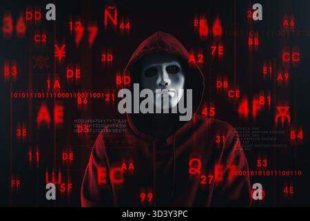 Cyber-Angriff. Anonymer Hacker in Maske auf dunklem Hintergrund. Programmiercode und verschiedene Symbole Stockfoto