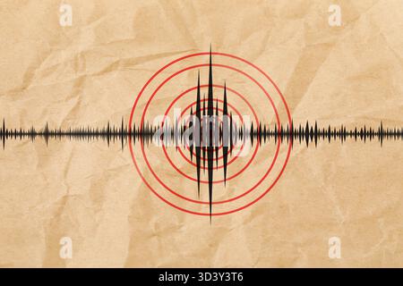 Erdbeben markiert mit roten Kreisen auf Seismogramm. Diagramm vom Seismometer Stockfoto