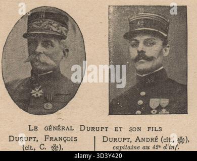 Dieser Scan des Supplément à L’Illustration vom 13. November 1915 zeigt General Durupt mit seinem Sohn André, einem Kapitän der 42. Infanterie. Das Bild wurde zur Veröffentlichung zugeschnitten. Stockfoto