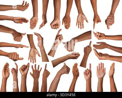 Satz Handgesten auf weißem Hintergrund. afroamerikaner zeigt Arm, Nahaufnahme Stockfoto