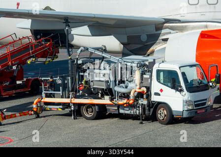 Tankwagen betankt ein Flugzeug Stockfoto