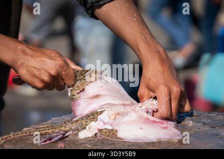 Fischer filetieren Schlittschuh mit Messer, Essaouira, Marokko. Der Fischmarkt. Fischer verkaufen ihren Fang an den Kais. Eine beliebte Touristenattraktion. Stockfoto
