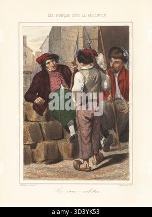 Eine Gruppe bewaffneter Zivilisten oder Sans-Culottes an einer Barrikade während der Französischen Revolution. Arbeiter in phrygischer Mütze mit dreifarbigen Kokaden, Mänteln, Pantaloons und Clogs, bewaffnet mit Musketen und Hechten. Les sans-Culottes. Handkolorierter Stahlstich von Leopold Massard nach einer Illustration von Henri Baron aus Augustin Challamel und Wilhelm Tenint's Les Francais sous la Revolution, die Franzosen unter der Revolution, Challamel, Paris, 1843. Stockfoto