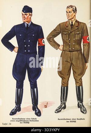 Dieses Bild aus dem Organisationsbuch der NSDAP von 1936 zeigt Teilnehmer einer NSDAP-Ausbildungsschule. Das Bild zeigt eine Gruppe von politischen Führern in Uniform, die die Organisationsstruktur und den ideologischen Schwerpunkt der nationalsozialistischen Deutschen Arbeiterpartei während dieser Zeit repräsentiert. Stockfoto