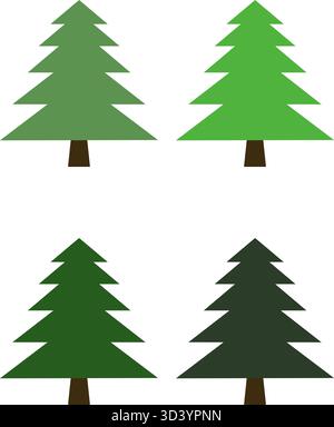 Sammlung von vier stilisierten dreieckigen Kiefern in verschiedenen Grüntönen. Einfache grafische Vektor-Illustrationssatz von Nadelbäumen Stock Vektor