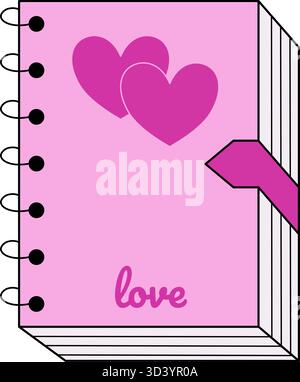 Niedliche Zeichentrickvektorillustration eines rosa Spiralnotizbuches mit zwei Herzen und dem Wort 'Liebe'. Tagebuch oder Tagebuch, symbolisiert Romantik Stock Vektor