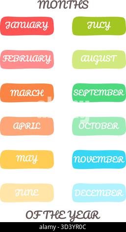 Farbenfrohe handgezeichnete Vektoretiketten, die die zwölf Monate des Jahres zeigen. Kalendermonate von januar bis dezember Stock Vektor