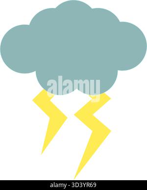 Flaches Design-Vektorsymbol einer dunkelgrauen Wolke mit zwei gelben Blitzschlägen darunter. Gewitter oder Gewitter isoliert auf weiß Stock Vektor