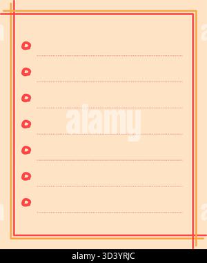 Leeres Notizpapier oder To-do-Listenvorlage im Doodle-Stil. Pfirsichfarbenes, liniertes Blatt mit bunten überlappenden Rändern und Kreisen Stock Vektor