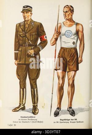 Ein Bild aus dem Organisationsbuch der NSDAP von 1936, das einen Standartenführer in kleiner Dienstuniform zeigt. Der Standartenführer war ein hochrangiges Mitglied der SA, der paramilitärischen Organisation der Nazis. Stockfoto