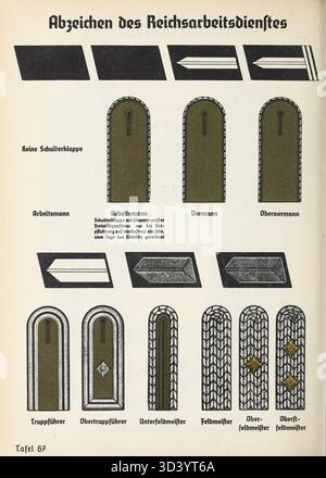 Dieses Bild aus dem Organisationsbuch der NSDAP von 1936 zeigt Insignien und Uniformen des 1935 eingeführten Reichsarbeitsdienstes (Rad). Rad-Mitglieder, die vor allem mit Bau und Wartung für die Wehrmacht betraut waren, trugen ab 1934 standardisierte, erdbraune Uniformen. Stockfoto
