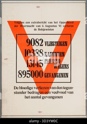 Dieses Bild aus dem Jahr 1941 zeigt ein deutsches Propagandaplakat, das Deutschlands Siege in ganz Europa feiert. Auf der Rückseite befindet sich ein Bericht, der die Verluste der sowjetischen Armee am 6. August 1941 beschreibt, was das Kriegsklima des Zweiten Weltkriegs widerspiegelt Stockfoto