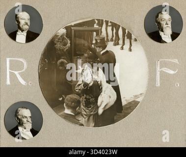 Raymond Poincaré (1860–1934), französischer Staatsmann und Präsident während des Ersten Weltkriegs, wird hier mit seiner Frau während seiner Amtseinführung in Paris 1913 gesehen. Das Bild enthält auch die ehemaligen Präsidenten Armand Fallières und Emile Loubet. Stockfoto