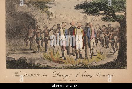 Baron Munchausen skalpiert und geröstet auf dem Spiel in Nordamerika. Der Baron und seine Gefährten brannten auf dem Scheiterhaufen, während die Indianer um sie herum tanzen. Die Eingeborenen fallen später betrunken auf den Wein des Barons. Der Baron droht geröstet zu werden. Handkolorierter Kupferstich nach einer Illustration von Rudolf Erich Raspe aus seinen Reisen und überraschenden Abenteuern von Baron Munchausen, William Tegg, London, 1877. Stockfoto