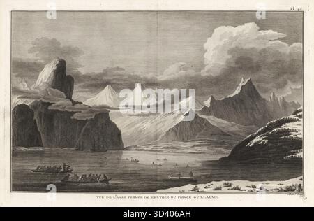 Blick auf die gemütliche Corner Cove in Prince William's Sound, Alaska. Zwei englische Segelschiffe sind von den Sugpiaq in Kanus umgeben. Vue de l'anse fermee de l'entree du Prince Guillaume. Kupferstich unter der Regie von Robert Benard nach einer Illustration von John Webber aus der französischen Übersetzung von Captain James Cooks Third Voyage, Troisieme Voyage de Capitaine Cook, Hotel de Thou, Paris, 1785. Stockfoto
