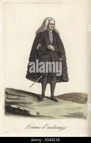Bräutigam-Kostüm aus Augsburg, Schwaben, Deutschland. Hochzeitskleidung eines Patriziers. In Puderperücke, schwarzem Rüschenmantel, Pourpoint oder Wappen, Hemd, Reithose, Schuhe mit Schnallenverschluss, mit Hofschwert, mit Dreikornmütze. Homme d'Ausbourg. Handkolorierter Kupferstich nach einer Illustration von Jacques Grasset de Saint-Sauveur aus Sylvain Marechals Kostümen civils actuels de tous les peuples connus, dessines d'Apres Nature, aktuelle Bürgerkostüme aller bekannten Völker, gezeichnet aus der Natur, Chez Pavard, Paris, 1788. Stockfoto