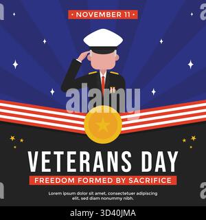 Illustration zum Tag der patriotischen Veteranen mit einem anregenden Offizier in Uniform, weißem Hut und Medaillen auf einem strahlend blauen Hintergrund. Stock Vektor