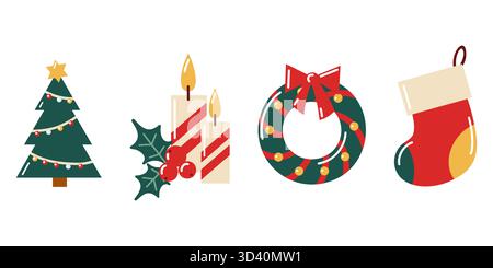 Handgezeichnetes flaches Weihnachtsdekorationsset mit Baum, Kerzen, Kranz und Strumpf. Vektor-isolierte Abbildung. Stock Vektor
