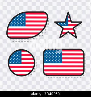 Satz von vier amerikanischen Flaggensymbolen in verschiedenen Formen.Vektorillustration Stock Vektor