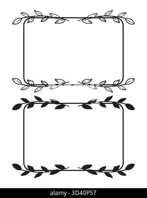 Zwei rechteckige schwarz-weiße Rahmen mit verflochtenen Blättern und Weinreben Stock Vektor