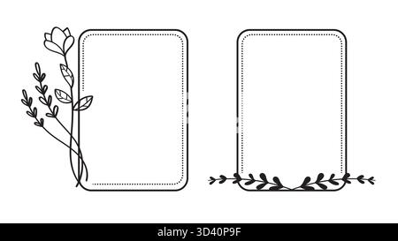 Zwei schwarze Umrissrahmen mit floralen Elementen, schwarz-weiße Vektorgrafik. Vektorillustration Stock Vektor