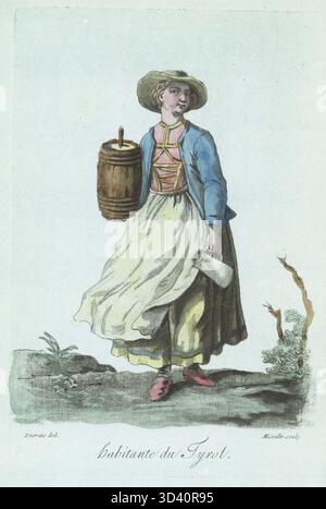 Das Kostüm einer Bauernfrau aus Tirol (Österreich und Italien). Milchmädchen mit Strohhut über geflochtenem Haar, kurzer Jacke, geschnürtem Oberteil, gestickten Röcken, Schürze und Schuhen. Sie hält ein Milchkännchen und einen Butterabwurf. Habitante du Tyrol. Gravur von Jean-Marie Mixelle nach einem Entwurf von Claude-Louis Desrais. Handkolorierter Kupferstich nach einer Illustration von Jacques Grasset de Saint-Sauveur aus Sylvain Marechals Kostümen civils actuels de tous les peuples connus, dessines d'Apres Nature, aktuelle Bürgerkostüme aller bekannten Völker, gezeichnet aus der Natur, Chez Pavard, Paris, 1788. Stockfoto