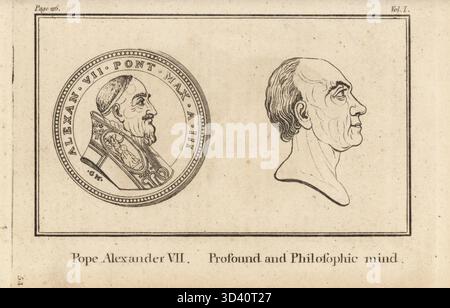 Münze mit Papst Alexander VII., Fabio Chigi, 1599-1667, mit einzigartigem energetischem Charakter. Profil eines tiefgründigen und phiosophischen Geistes, der eine Zartheit des Gefühls zeigt. Kupferstich von John Barlow aus Pfarrer Johann Kaspar Lavater und John Grenvilles The Whole Works of Lavater on Physiognomy, W. Butters, W. Simmonds, London, 1797. Stockfoto