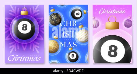Billard Weihnachten und Silvester Grußbanner Set. Frohe Weihnachten goldene Grußkarte mit Glaskugel als Kugelkollektion. Vektorillustra Stock Vektor
