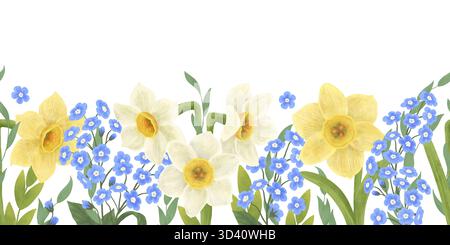 Nahtloser Rand mit Blüten von blauen Vergessenen, gelben und weißen Narzissen. Handgezeichnet in flachem Stil, bemalt mit Aquarellen in Pastellfarben Stockfoto
