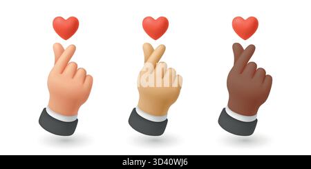 Vektor 3D Finger Herz Hand Geste Set. Koreanische Fingerherz-Illustration, die Liebe und Wertschätzung zeigt. Niedliche Handgesten für soziale Medien, K-Pop Stock Vektor