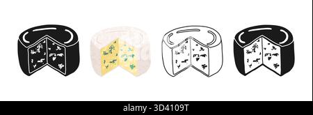 Camembert Soft Blue Cheese Simple stilisiertes Symbolset. Ein Stück Käse, lineares Kritzelsymbol und Grungy-Illustration. Vector Fun buntes handgezeichnetes Design für Lebensmittel- oder Milchprojekte Stock Vektor